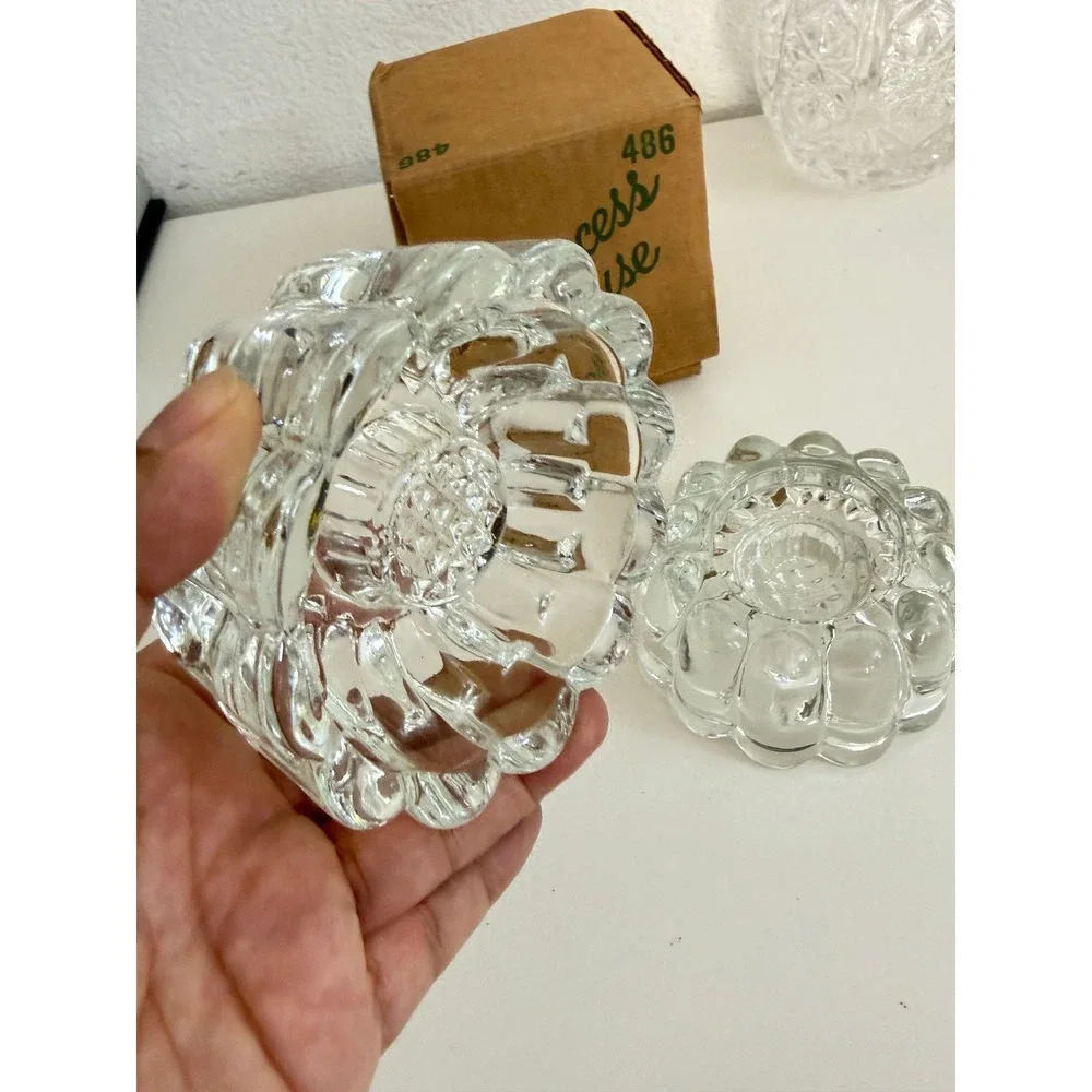 Princess House 486 Crystal Candle Holders Pair Clear Scalloped Glass Vintage Box